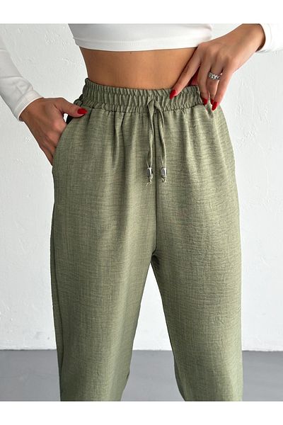 MaxiMor Women's Khaki Color Elastic Waist Linen Fabric Cuff Leg Authentic Baggy Trousers