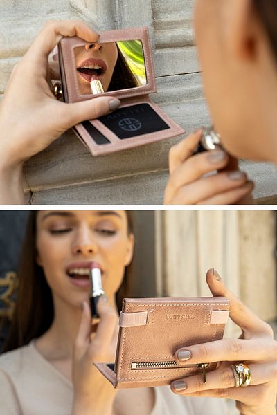 Trusador Marseille Pink Zippered Genuine Leather Wallet with Mirror Elastic Rfid Protection Men Women