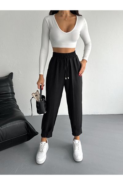 MaxiMor Women's Black Color Elastic Waist Linen Fabric Cuffed Leg Authentic Baggy Trousers