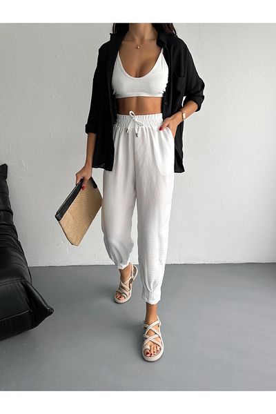 MaxiMor Women's White Color Elastic Waist Linen Fabric Cuffed Leg Authentic Baggy Trousers
