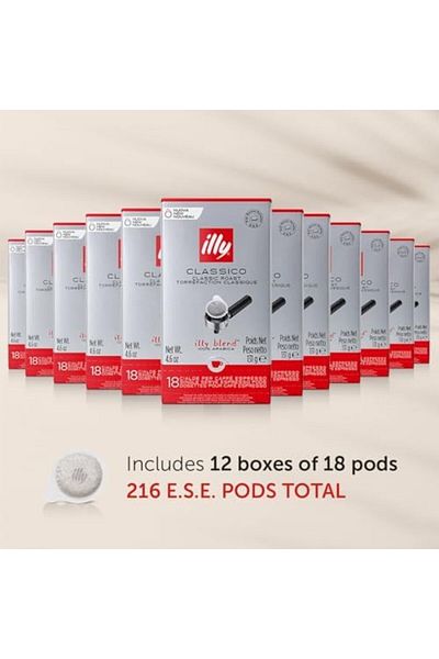 illy E.S.E. Coffee - Single-Serve Coffee Capsules & Pods - Classico Medium Roast - 18 Count, 12 Pack