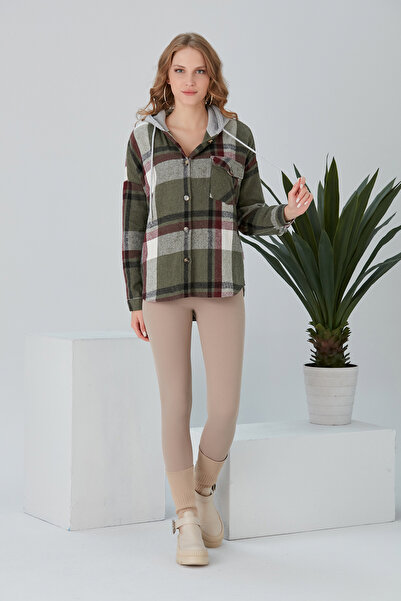 Pikka Online Kadın Çok Renkli Haki Oduncu Oversize Kapüşonlu Ceket Gömlek