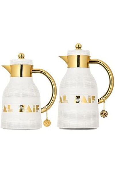 ALSAIF Coffee And Tea Vaccum Flask Set In Ivory/gold / Leak-proof And Keeps Drinks Hot 1.0/0.7 Liter