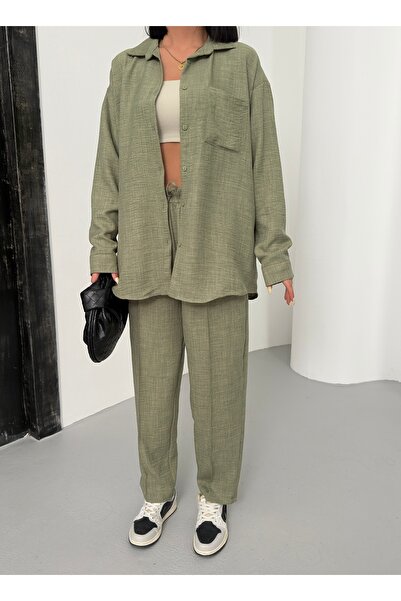 alenmoda Women's Double Linen Shirt Pants Bottom Top Set