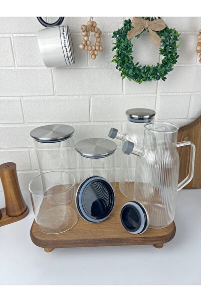 Mirilliahome طقم برطمان زجاجي ووعاء زيت من أكاسيا مع حامل منظم للمطبخ مكون من...