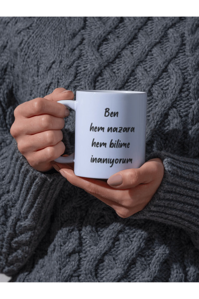 cekud tasarım baskı "Hem Nazara Hem Bilime İnanıyorum" Yazılı Espirili Kupa B...