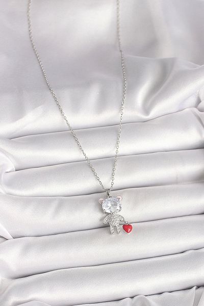 Clariss 316L Steel Silver Color Chain Zircon Stone Teddy Bear Model Red Heart Detail Women's Necklace