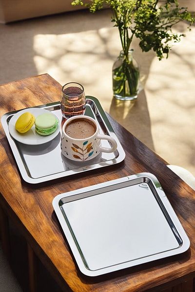Mirilliahome Square Stainless Steel 6-Piece Silver Coffee, Tea, Decorative Presentation Serving Engagement Tray