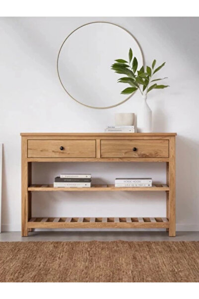FIRU HOME Doğal Masif Ahşap 2 Çekmeceli Konsol Açık Ceviz Renk 80x80x30 cm