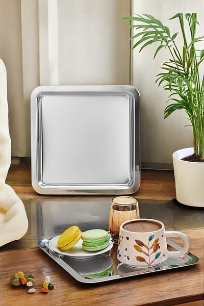 Mirilliahome Square Stainless Steel 6-Piece Silver Coffee, Tea, Decorative Presentation Serving Engagement Tray