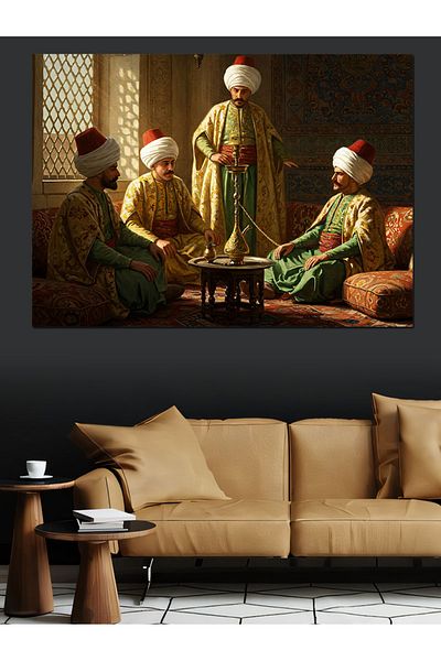 karizmart Hookah Enjoyment in Ottoman Decorative Canvas - Mdf Wooden Painting