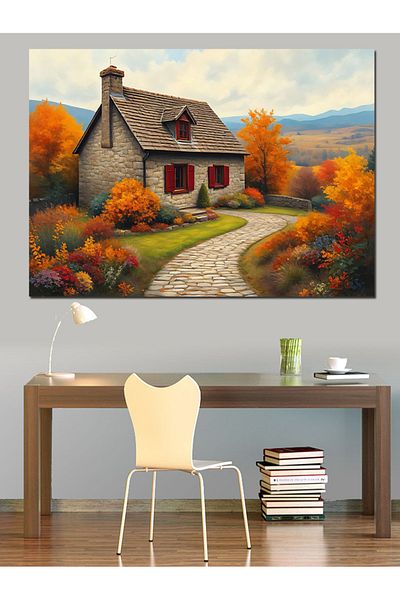 Tablomega Country House Path Decorative Canvas in Autumn - Mdf Wooden Painting