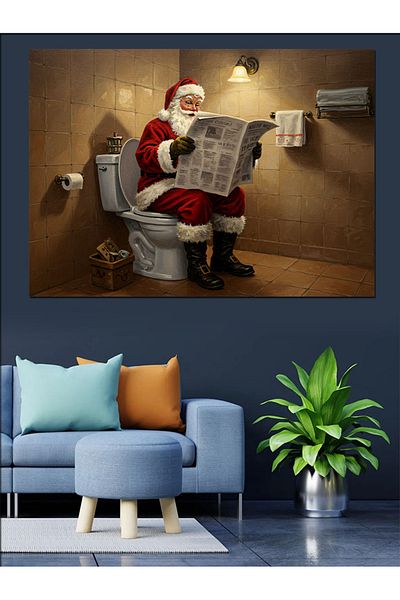 Tablomega Santa Claus Reading Newspaper in the Toilet Decorative Canvas - Mdf Wooden Painting