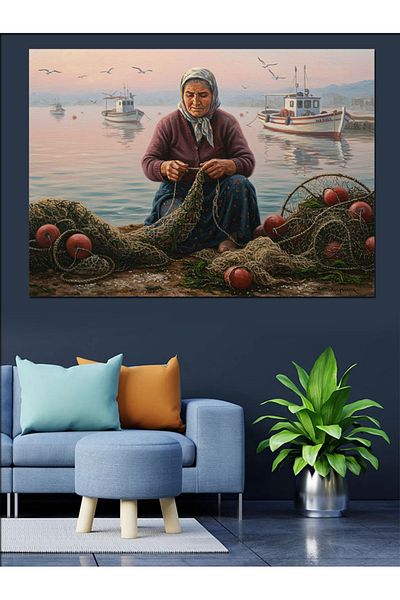 Tablomega Fisherman Woman and Nets Decorative Canvas - Mdf Wooden Painting