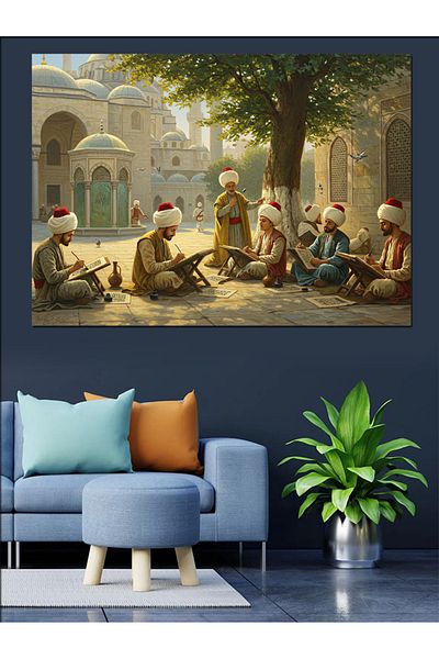Tablomega Wise Men Chatting in the Courtyard Decorative Canvas - Mdf Wooden Painting