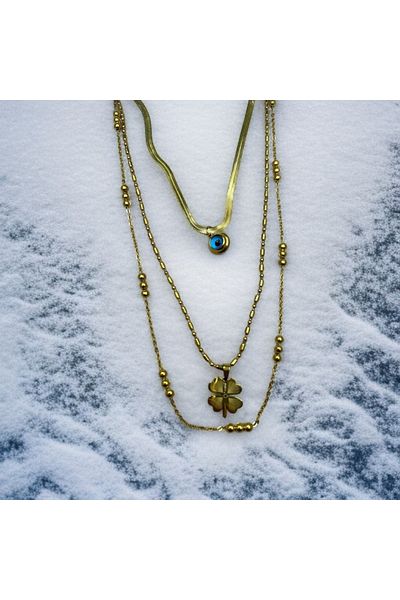 Meyra Accessories Triple Steel Necklace - Clover Evil Eye Bead, Anti-Tarnish, Stylish Designed Lover Gift