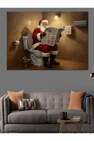 Tablomega Santa Claus Reading Newspaper in the Toilet Decorative Canvas - Mdf Wooden Painting