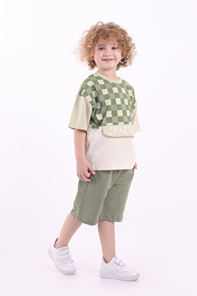 Mixima Kare Baskılı Kanguru Kapaklı 3-6 Yaş Oversize Erkek Çocuk Şortlu Yazlık Takım