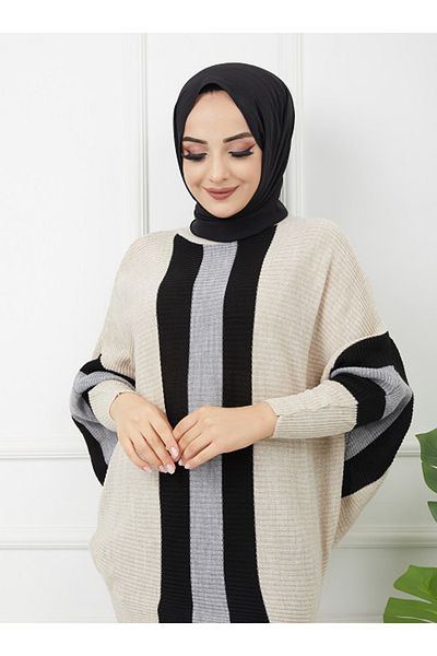 SAHRA BUTİK Front Striped Bat Knitwear Tunic - Ecru - Sahra Boutique