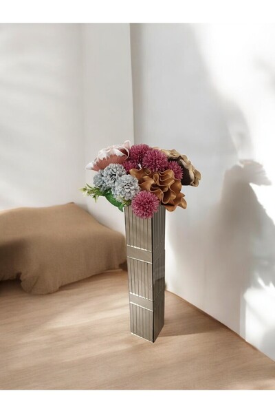 BeQ Home Decorative Square Bronze Mirrored Vase 60 cm Line Mirrored Bronze Belted Floor Vase