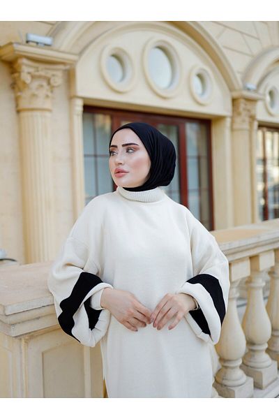 SAHRA BUTİK Εκρού Ριγέ Μπαλόνι Πλεκτό Φόρεμα Hijab - Sahra Boutique