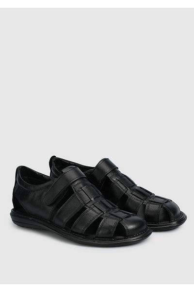 Eclipse Men's Black Leather Flat Sandals
