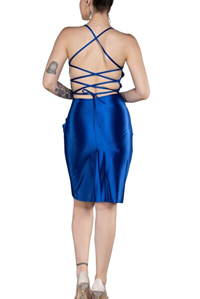 Arden Short Evening Dress, Satin Strap Draped Bodycon, Fit Back Cut-Out Midi Cocktail, Homecoming Dress, 36-40