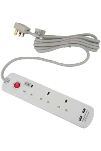 ALSAIF مقبس تمديد كهربائي 3 فتحات بطول 3 أمتار، منفذي USB، 2990 واط، أبيض