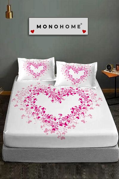 MonoHome Pink Heart Fitted Sheet 100% Cotton Oeko-Tex Certified 3D Digital 60 Wire
