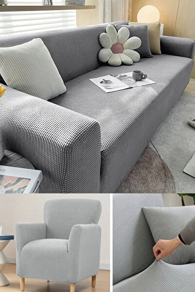 Hacer 3+3+1+1 Likrali Kare Desen Esnek Yikanabilir Koltuk Örtüsü Takımı