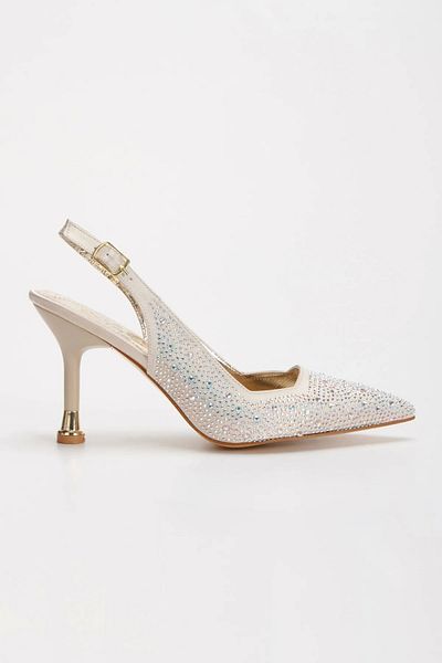 Miss Mitto Stiletto confortabil cu toc galvanizat subțire de 8 cm, împodobit cu pietre, din satin auriu