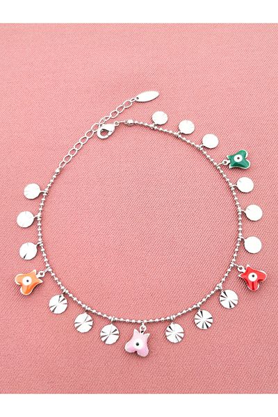 Siya Silver Colorful Eye Detailed Special Series Plate Model Anklet