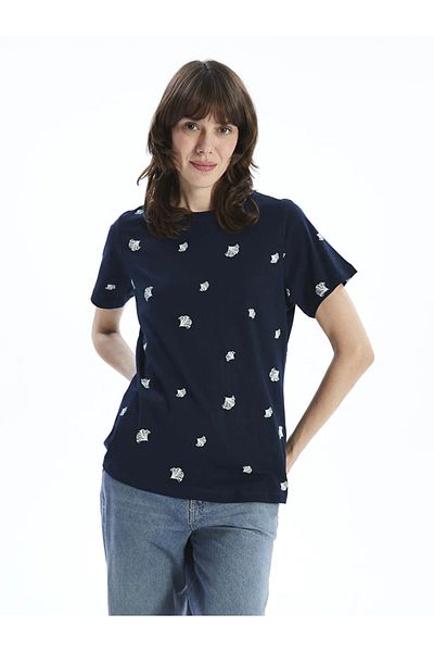 LC Waikiki Lcwaikiki Classic Navy Blue Crew Neck Patterned Women's T-Shirt