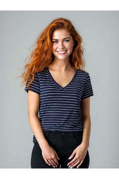 OIL PARK Women's V-Neck Striped Soft Textured Viscose T-Shirt
