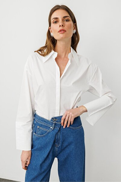 pieces of melon Beyaz Pamuklu Geniş Yaka, Manşet Detaylı Oversize Gömlek