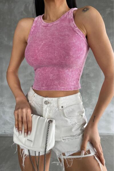 SYMPATHY Kadın Pembe Parça Boya Yıkamalı Halter Yaka Crop
