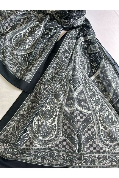 ALTUNTAŞ Women's Cotton Black Gray Retro Etnic Shawl