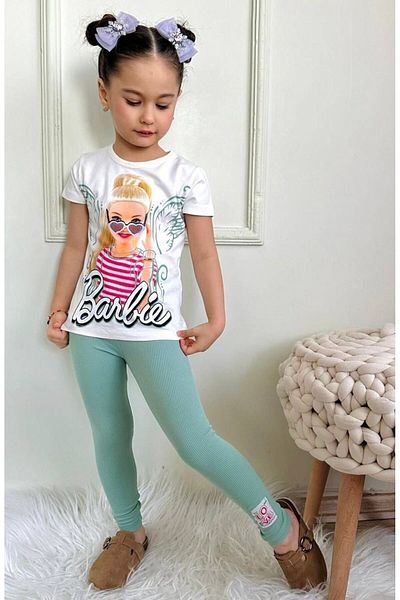 şıklık durağı 3 Yarn Woven Cotton Fabric Trend Printed T-Shirts & Rib Woven Leggings Girl's Bottom Top Set