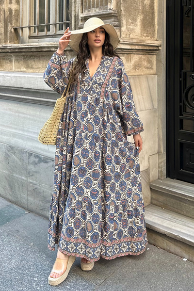 ASEDE فستان بوهيمي من الفسكوز 100% برقبة على شكل حرف V فستان فيسكوز مطبوع عرق...