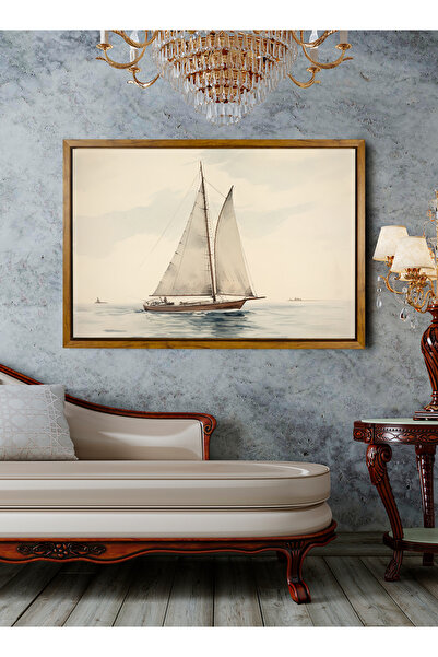 LOWHA لوحة فنية جدارية من القماش مشدودة على إطار خشبي ولون خشبي عائم ولوحة قارب شراعي في البحر