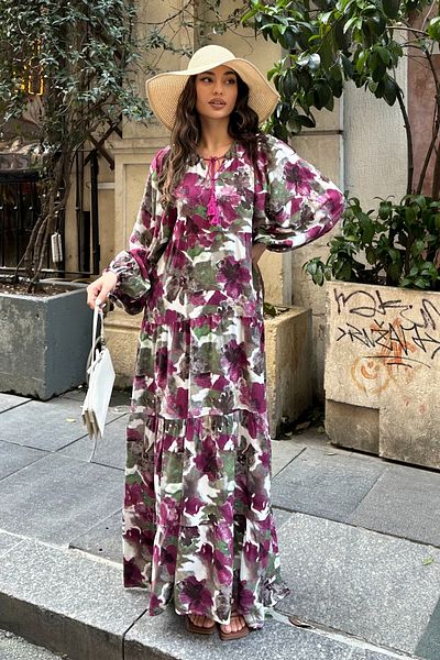 ASEDE 100% Viscose Bohemian Alaçatı Dress V-Neck Ethnic Patterned Viscose Dress Suitable for Hijab