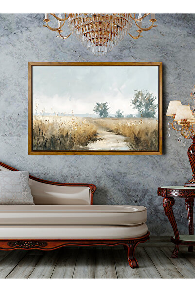 LOWHA لوحة فنية جدارية من القماش ممدودة على إطار خشبي عائم بألوان خشبية ولوحة ريفية هادئة