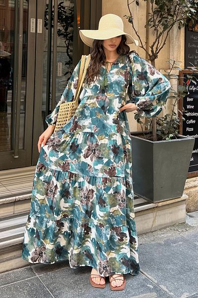 ASEDE 100% Viscose Bohemian Alaçatı Dress V-Neck Ethnic Patterned Viscose Dress Suitable for Hijab