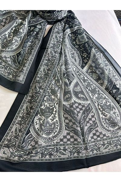ALTUNTAŞ Women's Cotton Black Gray Retro Etnic Shawl