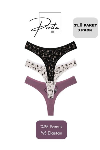 Perita.Life Women'S, Comfort, Cat Themed, Colorful, 95% Cotton, 5% Elastane String/Thong 3 Pack