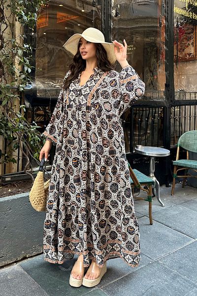 ASEDE 100% Viscose Bohemian Alaçatı Dress V-Neck Ethnic Patterned Viscose Dress Suitable for Hijab