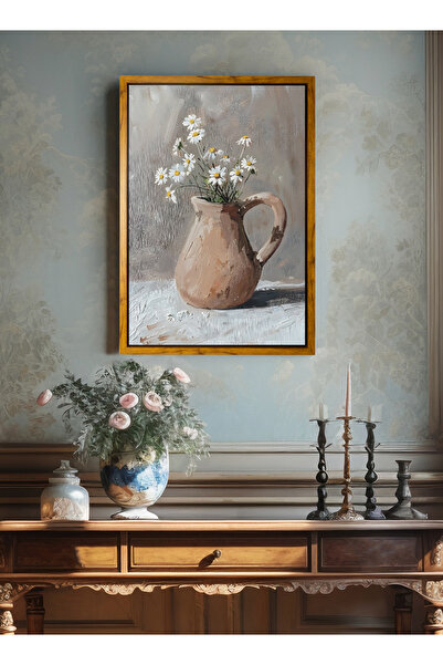 LOWHA لوحة فنية جدارية من القماش مشدودة على إطار خشبي عائم بألوان خشبية ولوحة زيتية لمزهرية زهور