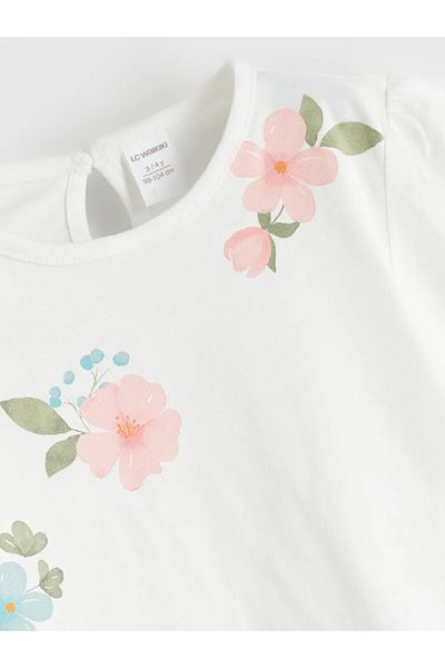 LC Waikiki Lcw Kids Ecru Crew Neck Floral Girl's T-Shirt