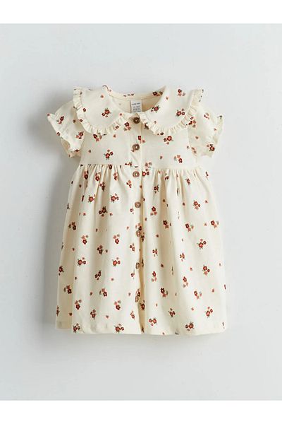 LC Waikiki Φόρεμα κοριτσιού LCW baby Ecru Bebe γιακά με λουλούδια