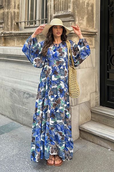 ASEDE 100% Viscose Bohemian Alaçatı Dress V-Neck Ethnic Patterned Viscose Dress Suitable for Hijab